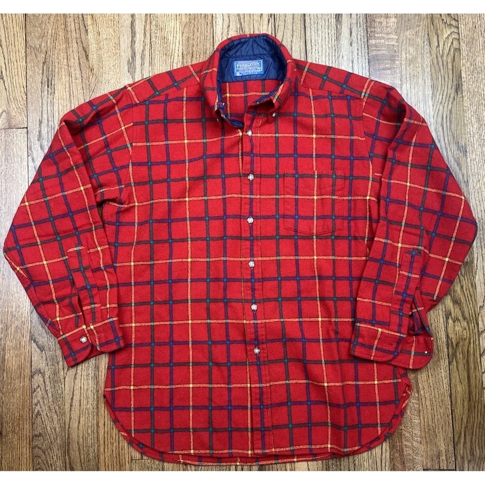 Vintage Pendleton 100% Wool Long‎ Sleeve Shirt Red Plaid Men's Sz Large
